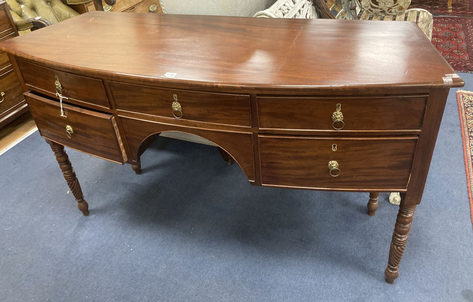 A Regency mahogany bowfront sideboard, width 145cm depth 51cm height 82cm